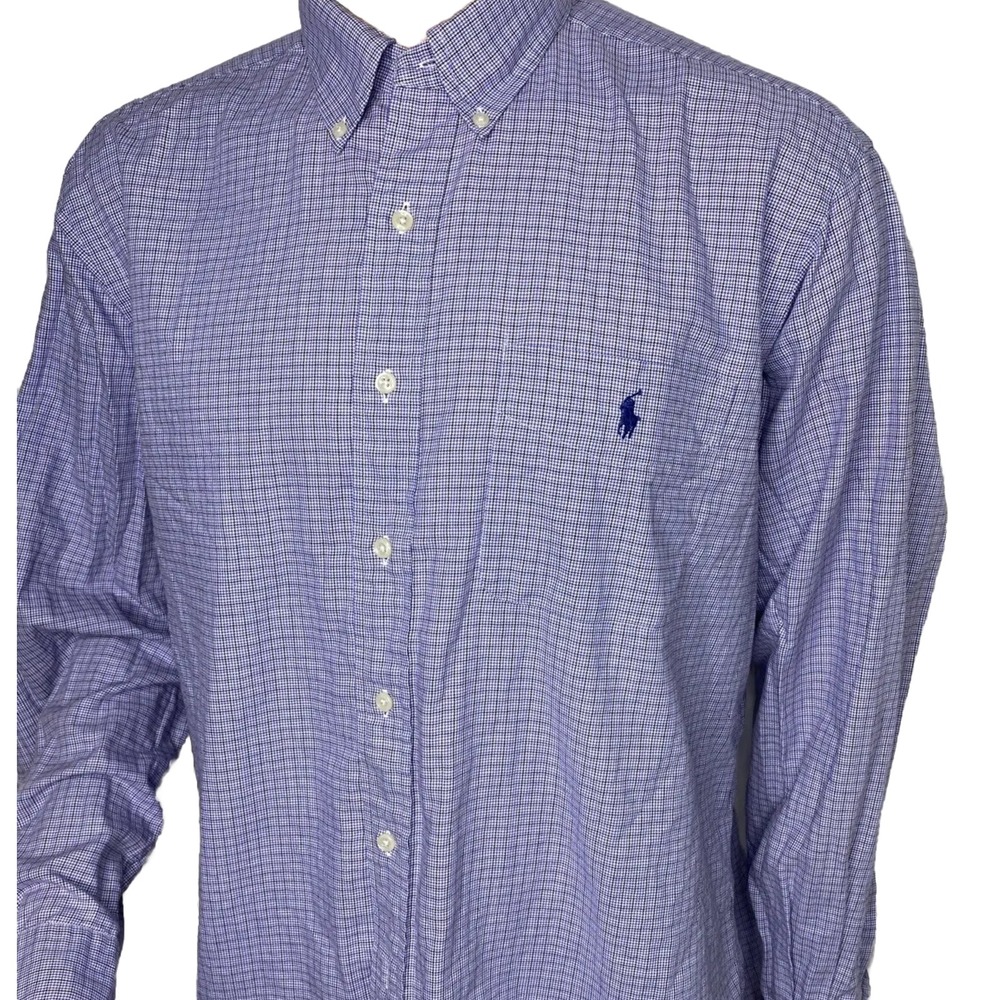 Ralph Lauren Shirt‎ Men Sz 17 Yarmouth Button Front Houndstooth Plaid Lavender